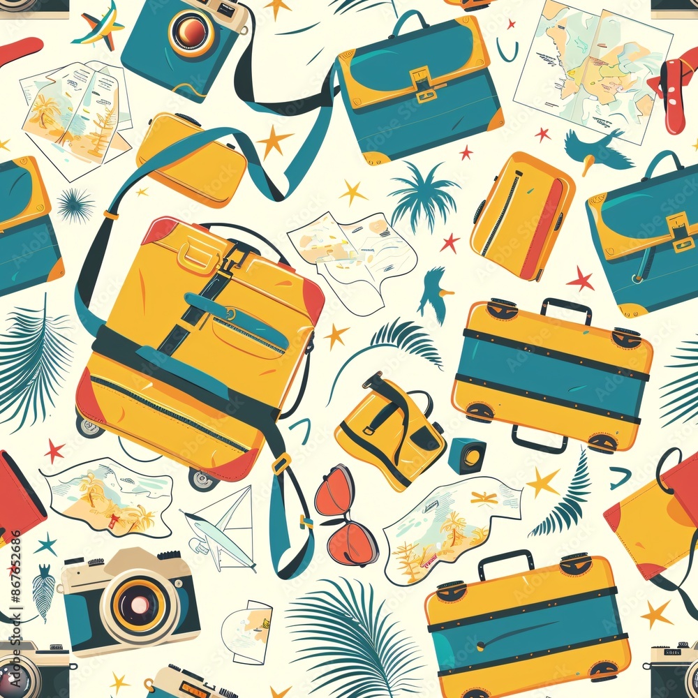 Aufkleber a seamless pattern with summer travel items such as suitcases, cameras, and maps, creating an advent