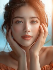 Elegant portrait of a woman with radiant skin and captivating eyes, softly lit by natural light, exuding grace and beauty.
