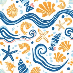 A seamless pattern featuring beach and ocean elements such as starfish, seashells, and waves, arranged in a relaxing and summery layout