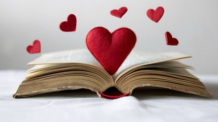 Open book with red hearts floating above, love and romance concept
