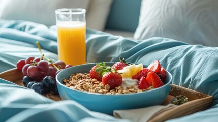 Nutritious morning meal with granola fruit and juice on wooden tray in blue bed Sunny calm morning trendy food lifestyle