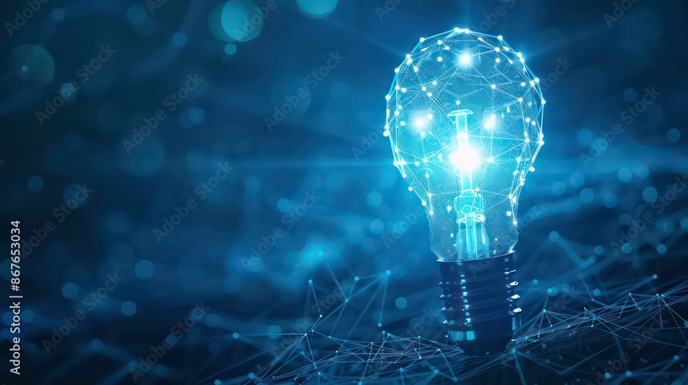 Poster artificial intelligence data digital innovation, abstract blue glow light bulb on dark blue backgrou