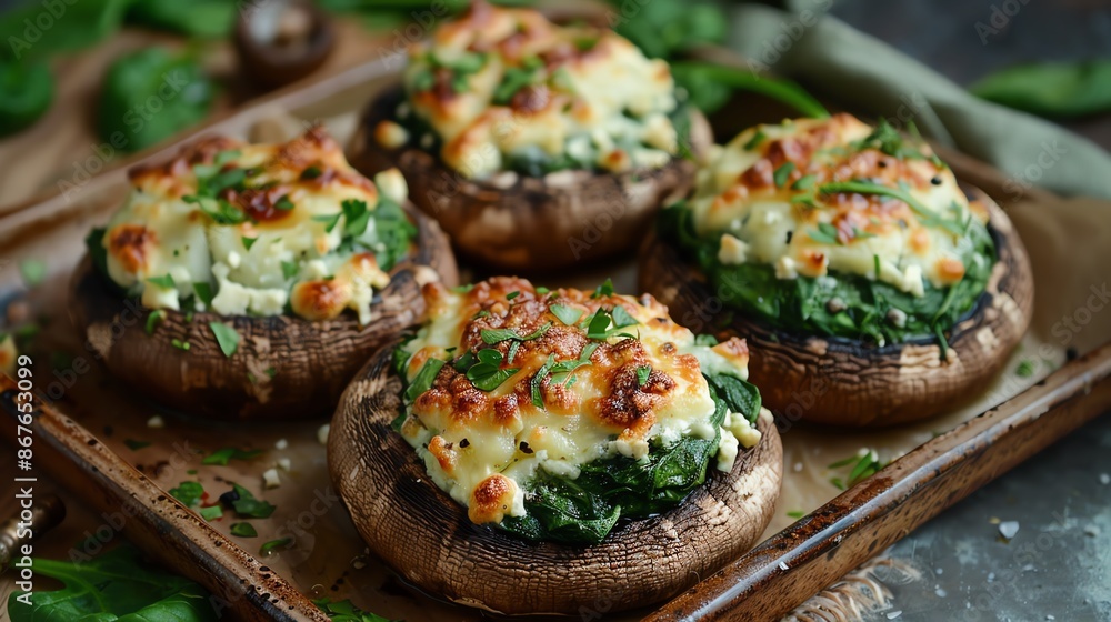 Wall mural close-up of four stuffed mushrooms with spinach and feta cheese, baked and ready to serve.