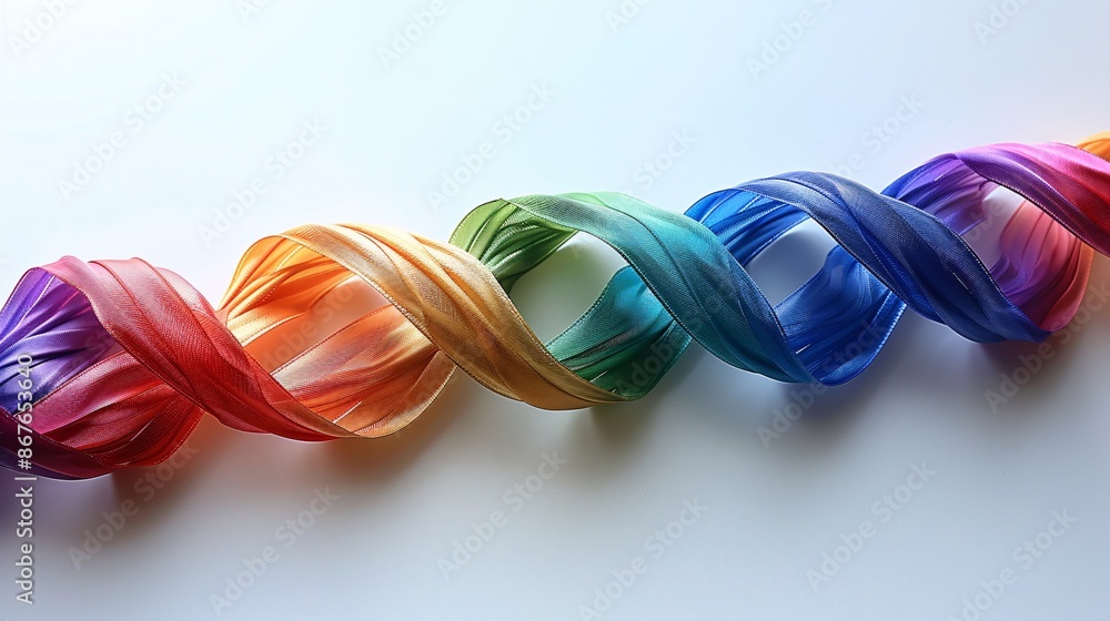 Poster a vibrant rainbow ribbon twisted into a spiral on a white background, symbolizing unity and diversit