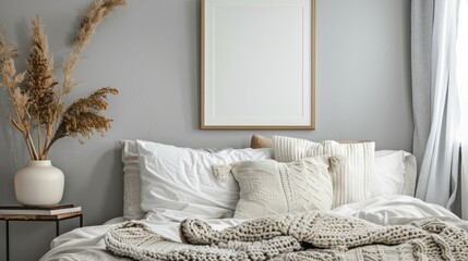 Cozy bedroom setup with a blank picture frame on the wall