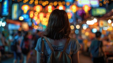Fototapeta premium Vibrant Night in Yaowarat: Backview of Woman in Neon-lit Streets with Street Performers and Food Carts