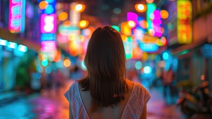 Obraz premium Urban Night Market Bustle: Woman's Backview in Vibrant Yaowarat, Bangkok