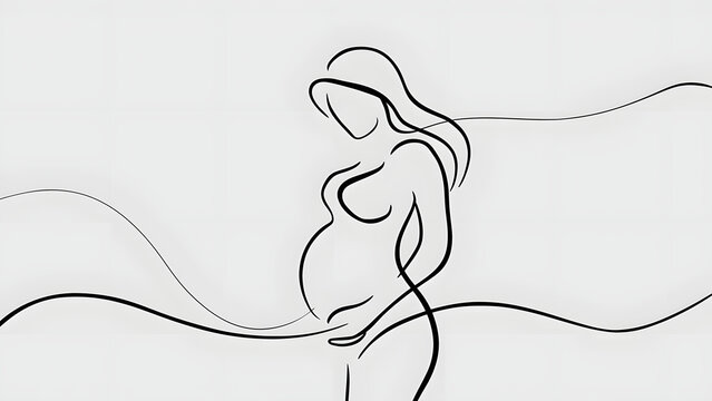 A minimalist, black single line drawing of a pregnant woman - Powered by Adobe