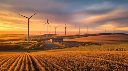 Obraz premium Wind Turbines and Countryside Fields at Sunset in a Serene Rural Setting