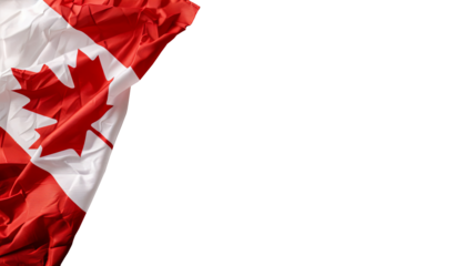 Canadian flag draped against a white background, highlighting the iconic red maple leaf. Perfect for national celebrations, patriotic events, and promotional materials. Ideal for banners, advertisemen