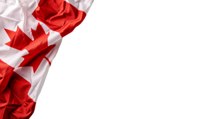 Canadian flag draped against a white background, highlighting the iconic red maple leaf. Perfect for national celebrations, patriotic events, and promotional materials. Ideal for banners, advertisemen