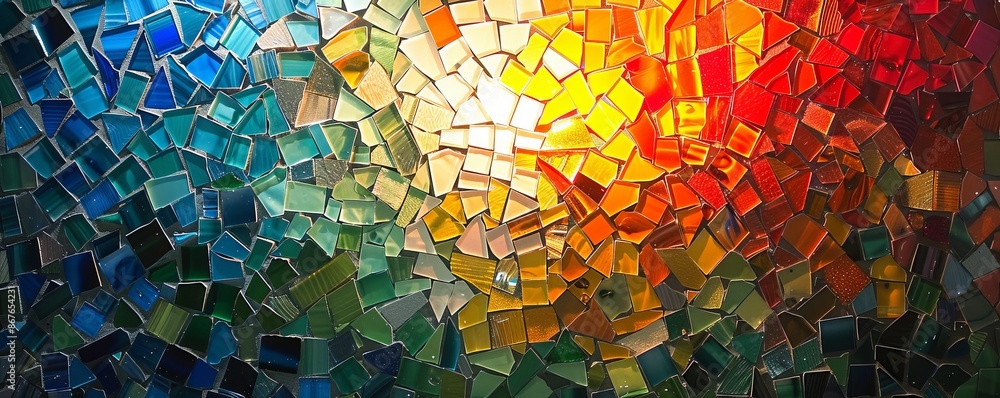 Poster a mosaic pattern made up of tiny pieces of colored glass, reflecting the light in a dazzling display