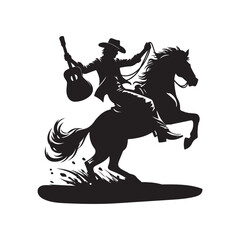 A silhouette vector of a cowboy riding a guitar like a horse