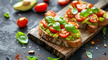 Avocado toast, cherry tomatoes, and basil on rustic wooden board. Generative AI