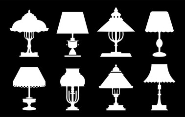 Set of silhouette table lamps and table lights vector collection isolated on white. room lighting accessories and objects vector.