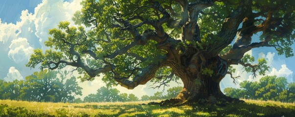 Fototapeta premium Big old oak tree with green leaves