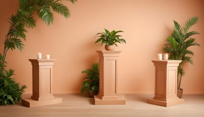 minimal soft studio light photography, Three sturdy wooden podiums draped with lush green foliage, set against a serene peach-colored backdrop, high detail, solid bold color background, vintage sepia