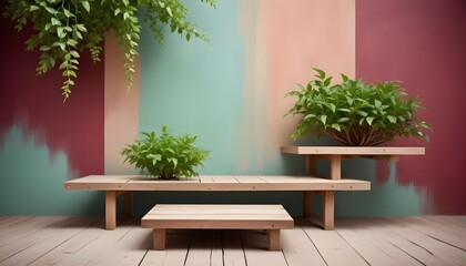 minimal soft studio light photography, Three weathered wooden platforms festooned with vibrant green leaves, framed by a calming peach-hued environment, high detail, solid bold color background, Burgu