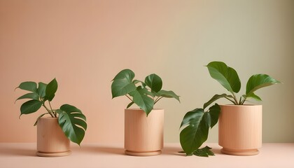 minimal soft studio light photography, A grouping of three wooden podiums draped in flourishing green leaves, placed on a tranquil peach-toned surface, high detail, solid bold color background
