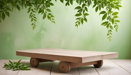 minimal soft studio light photography, Three weathered wooden platforms festooned with vibrant green leaves, framed by a calming peach-hued environment, high detail, solid bold color background