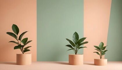 minimal soft studio light photography, Three wooden podiums with green leaves, on a peach background, high detail, solid bold color background, mutted teal and terracota color scheme