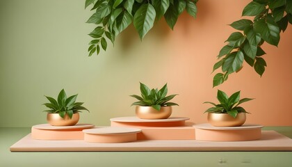 minimal soft studio light photography, Three wooden platforms enveloped in verdant green leaves, positioned on a calming peach-colored backdrop, high detail, solid bold color background, blurry