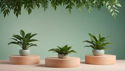 minimal soft studio light photography, Three wooden platforms enveloped in verdant green leaves, positioned on a calming peach-colored backdrop, high detail, solid bold color background