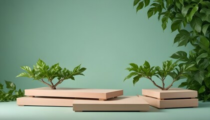 minimal soft studio light photography, Three wooden platforms enveloped in verdant green leaves, positioned on a calming peach-colored backdrop, high detail, solid bold color background