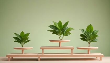 minimal soft studio light photography, Three wooden platforms enveloped in verdant green leaves, positioned on a calming peach-colored backdrop, high detail, solid bold color background, blurry