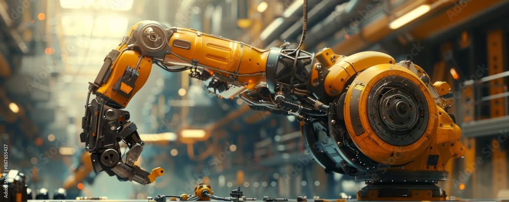 Poster a robot arm assembling a complex piece of machinery, its movements precise and efficient.