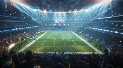 Illuminating Excitement: 3D Rendering of a Lit American Football Stadium with Cheering Fans and an Ad Space Ready for the Big Game