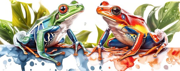 Obraz premium a frog flat design side view theme of exotic wildlife water color Split-complementary color scheme, isolated on white,