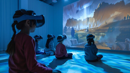 Virtual reality VR classroom with students exploring historical events in a dynamic, immersive environment, blending education with futuristic tech
