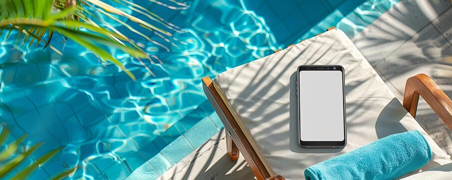 A relaxed topdown photo of a smartphone with a blank screen on a lounge chair next to a pool
