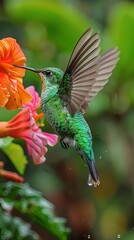 Hummingbird Feeding on Bright Orange Flower in Rain
