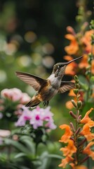 Obraz premium Hummingbird Flying Amongst Vivid Summer Blooms
