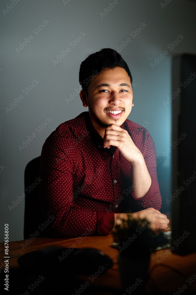 Poster Business man, portrait and computer at night with website designer, happy and startup with tech. Company, desk and web design of a digital employee with online update on internet coding for ux