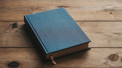 A simple blue book placed on a wooden desk, ready for reading or study.