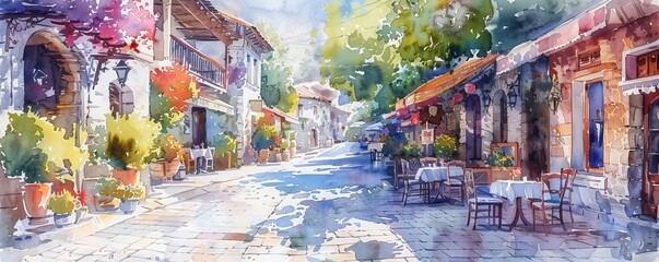 Fototapeta premium A watercolor painting of a quaint cobblestone street lined with charming shops, cafes, and old-fashioned buildings.