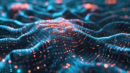 Big Data concept. Digital neural network. Introduction of artificial intelligence. Cyberspace of future. Abstract business 3D illustration, shallow depth of field