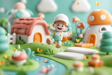Fototapeta premium An adorable 3D animated character in a whimsical, colorful gaming world with mushrooms, a stream, and a cozy house.