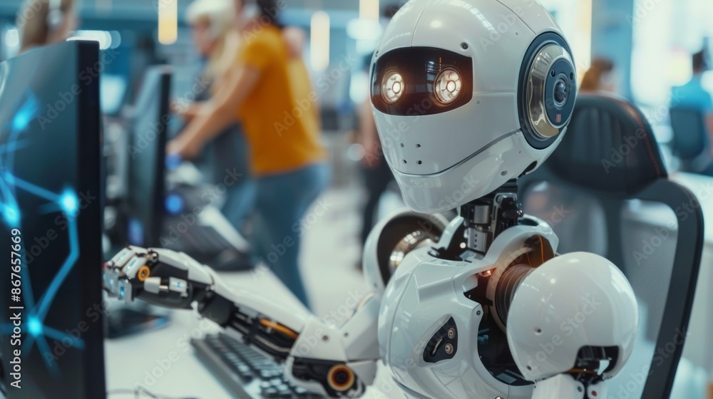 Poster a white robot with glowing eyes sits at a computer, working amongst human colleagues in a modern off