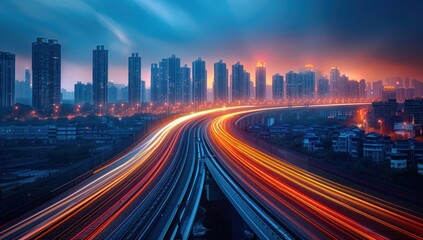 Obraz premium Cityscape with a Highway and Light Trails