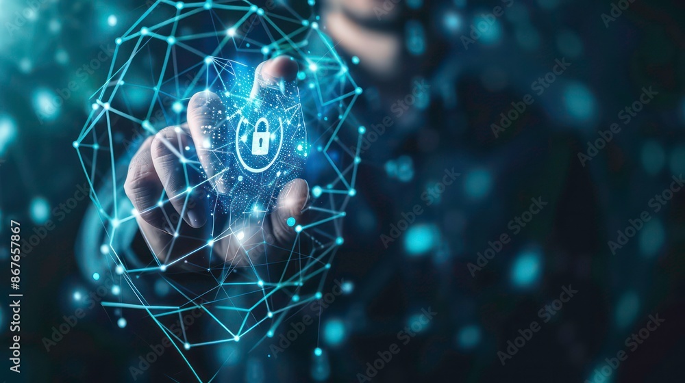 Poster businessman with virtual cyber security technology and online data protection for security of data s