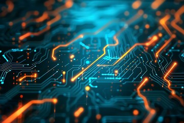 A close-up view of a microchip on a circuit board with intricate connections and vibrant lighting.