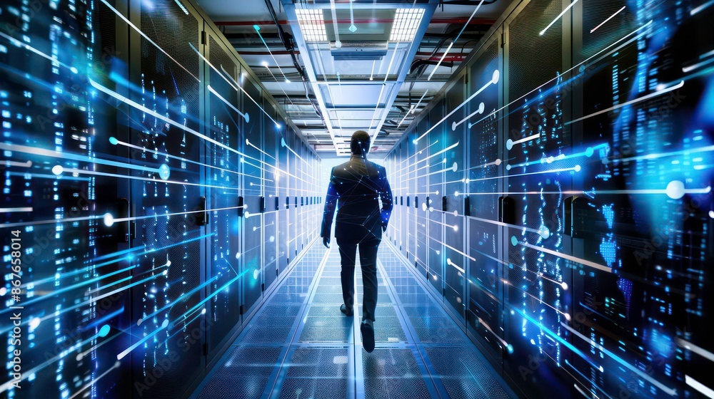Poster businessman with virtual cyber security technology and online data protection for security of data s