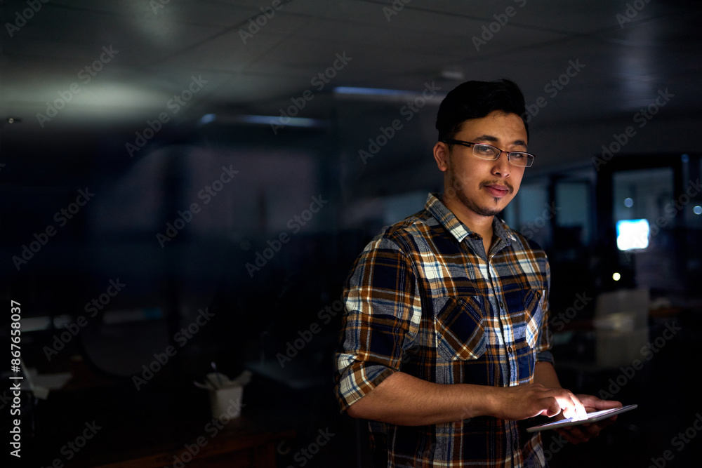 Poster Man, developer and tablet in office at night for software development, coding and code analytics. Male programmer, digital and process script, firewall update and IT for data protection of project