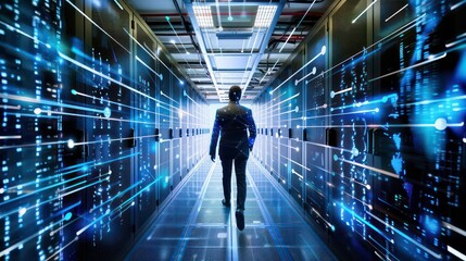 Businessman with virtual cyber security technology and online data protection for security of data storage used by global business network server to secure cyber information.