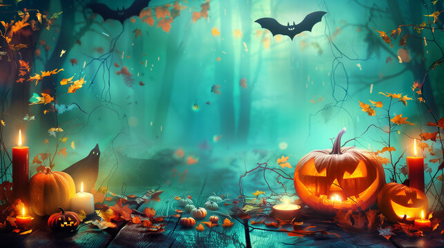halloween background with pumpkins and bats