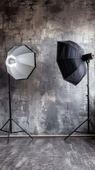 Photography studio equipment with two softbox lights against a textured wall
